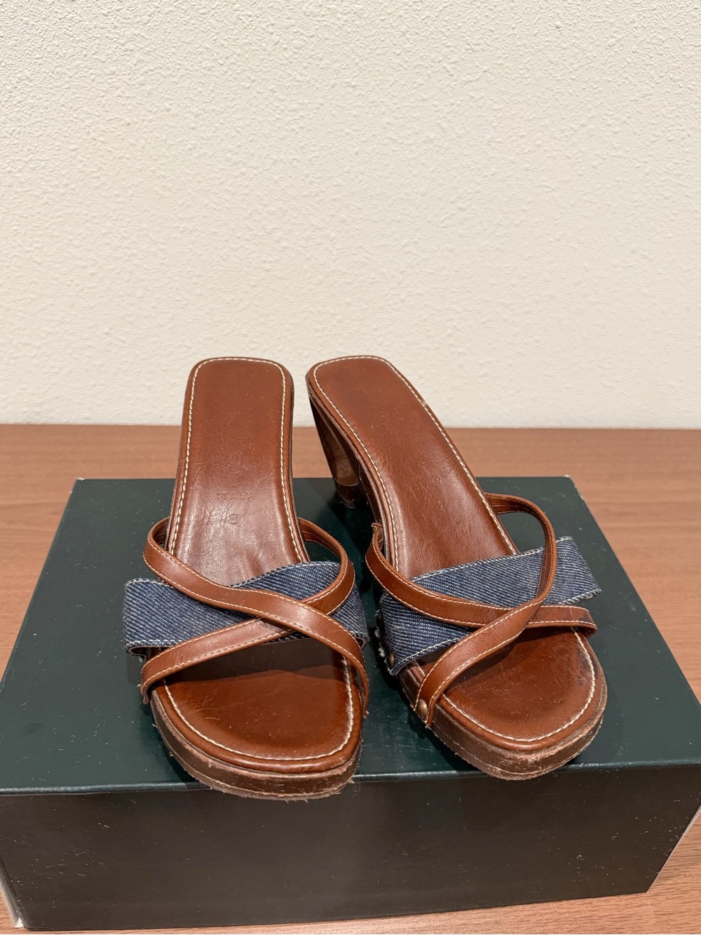 Italian Shoemakers Brown & Denim Slides- Made in Italy - Women’s 8